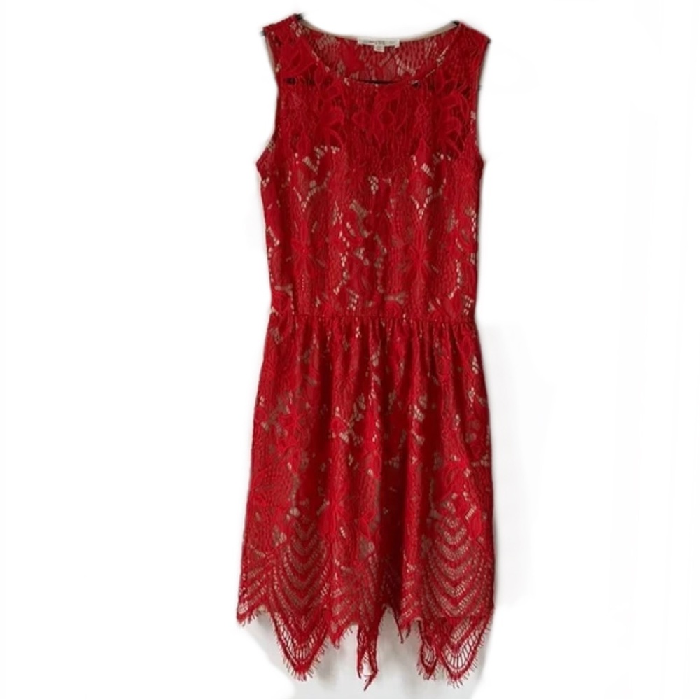 EUC- LOVE Fire GORGEOUS Red Lace Mini Dress w/Nude Underlay